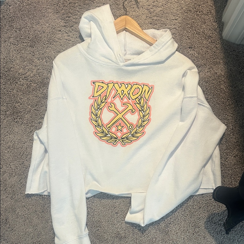 DIXXON White Crop Top with Yellow and Pink Logo